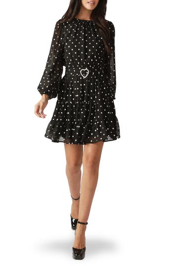 Flying Tomato Polka Dot Long Sleeve Belted Minidress In Black