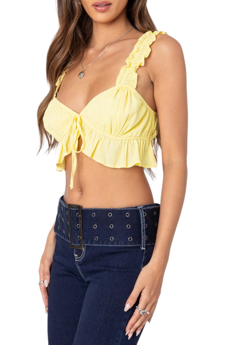 EDIKTED Ruffle Tie Front Crop Top, Alternate, color, Yellow