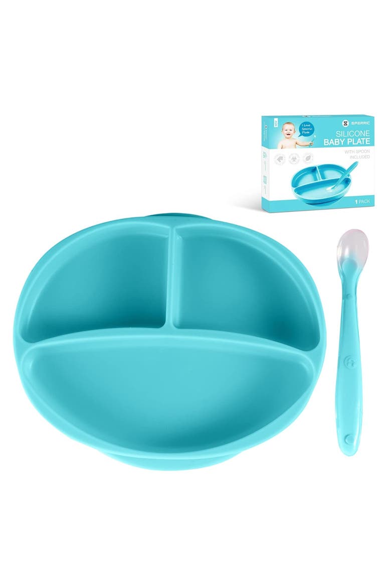 Silicone Suction Divided Plate and Spoon Toddler Training Self Feeding Set, Main, color, Blue