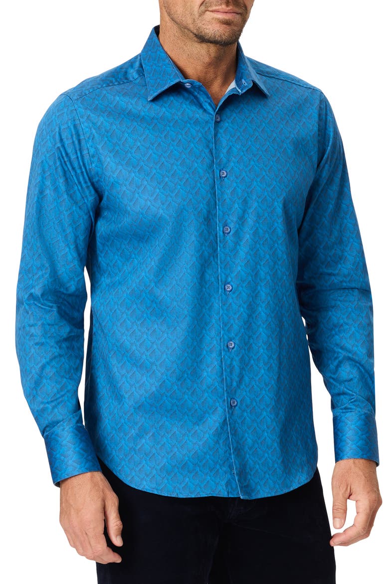 Dimella Long Sleeve Geometric Jacquard Shirt, Main, color, BLUE