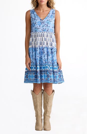 Talisman The Label Lucky Charm Mixed Print Tiered Cotton Dress In Blueberry Fields