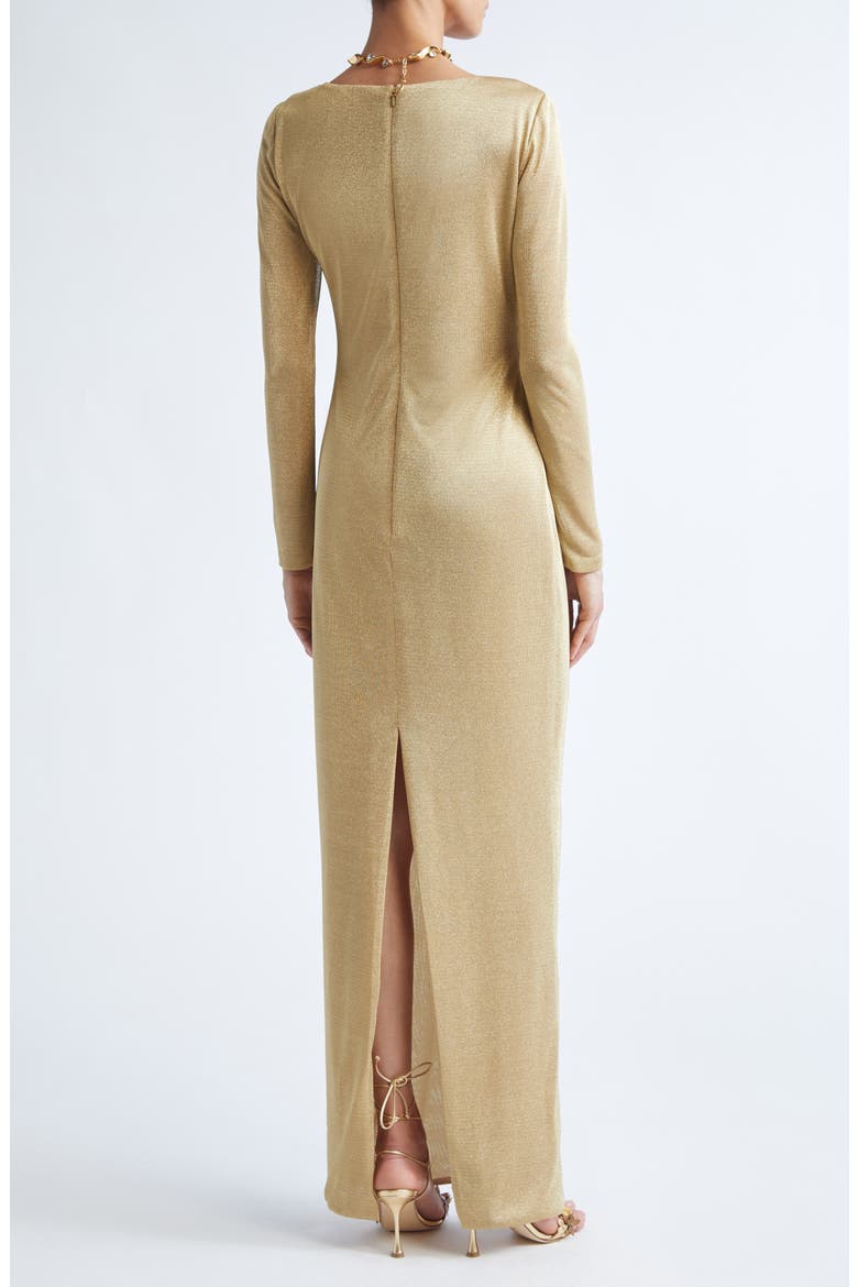 Draped Long Sleeve Metallic Jersey Gown, Alternate, color, GOLD