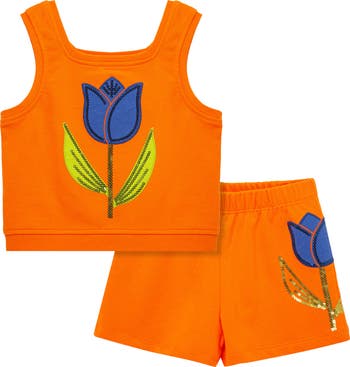 Kids' Flower Appliqué Cotton Tank & Shorts Set