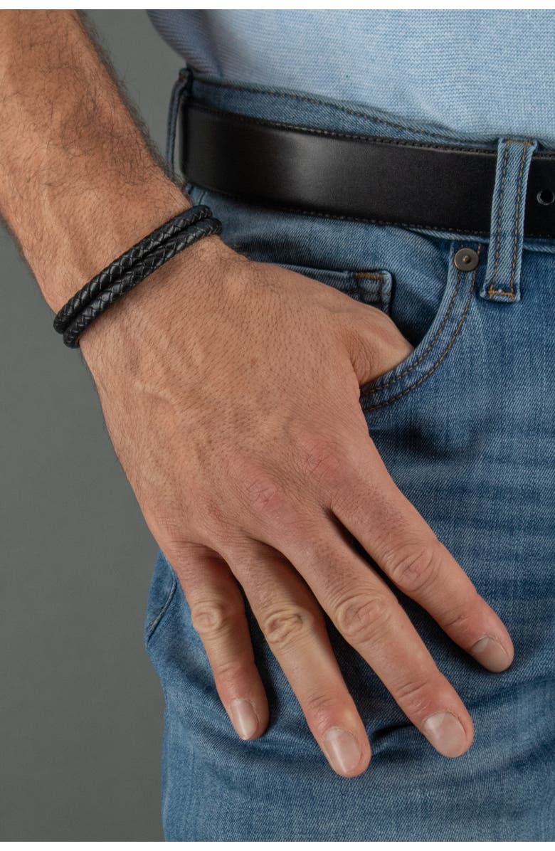 Trafalgar Simple Double Band Braided Secure Clasp Leather Bracelet, Alternate, color, Black