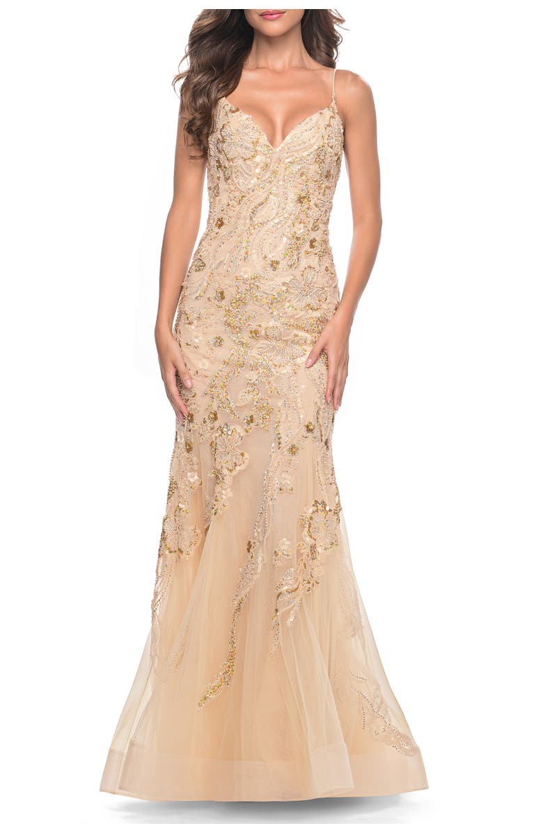La Femme Mermaid Sequin and Beaded Embellished Prom Dress in Pastels, Main, color, Champagne