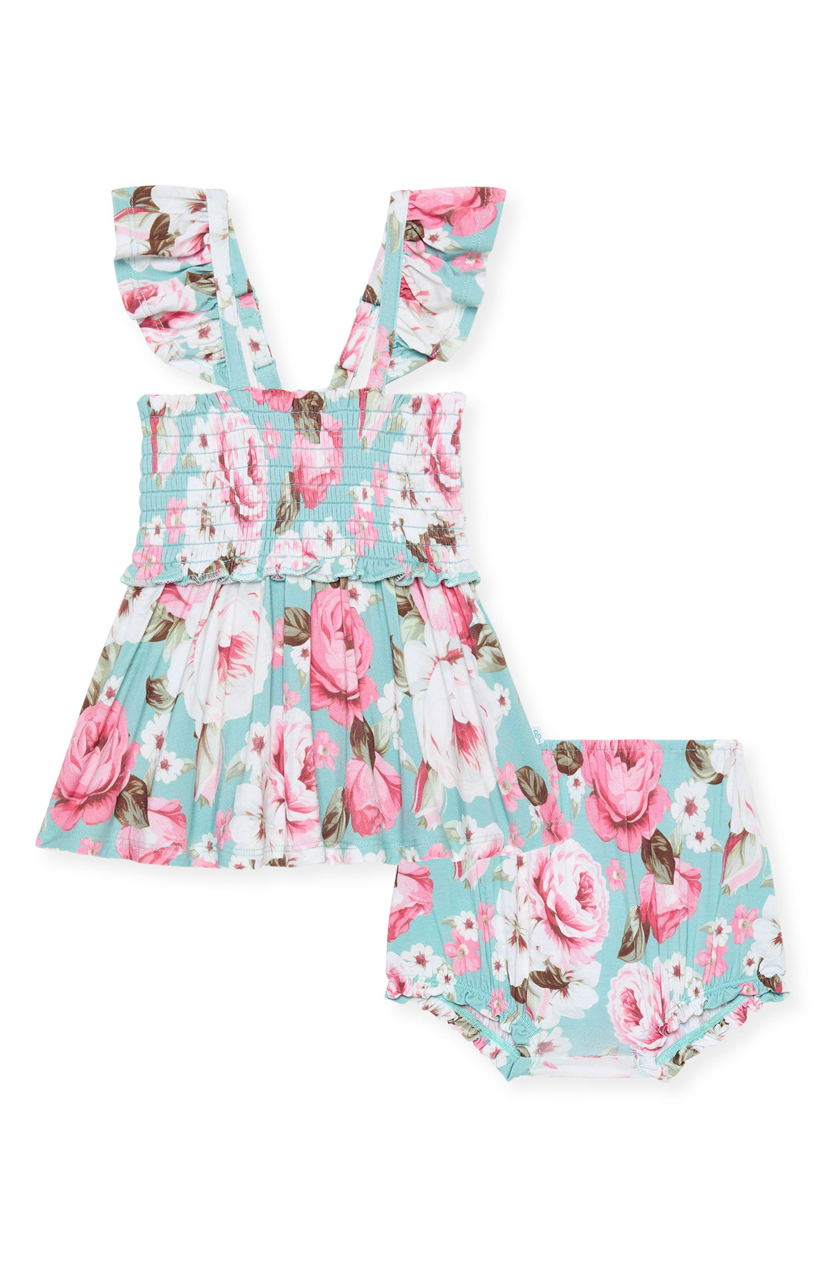 Posh Peanut Smocked Babydoll Dress & Bloomers Set in Green 