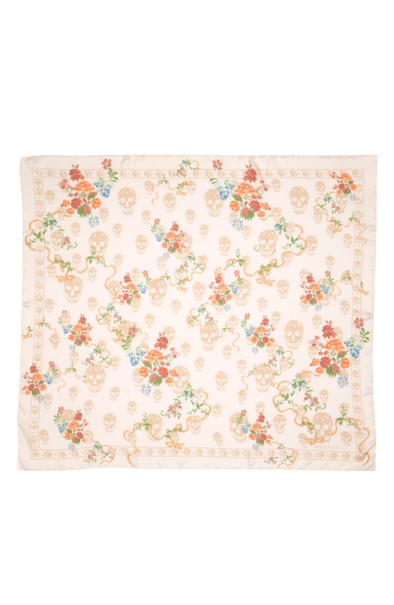 McQueen Floral Skull Silk Chiffon Scarf, Main, color, Ivory/ Beige