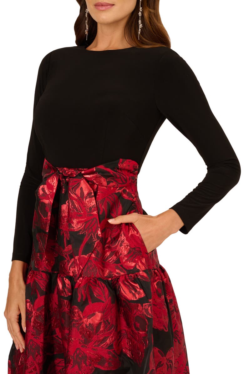 Adrianna Papell Metallic Floral Jacquard Long Sleeve Maxi Dress, Alternate, color, Black/ Red