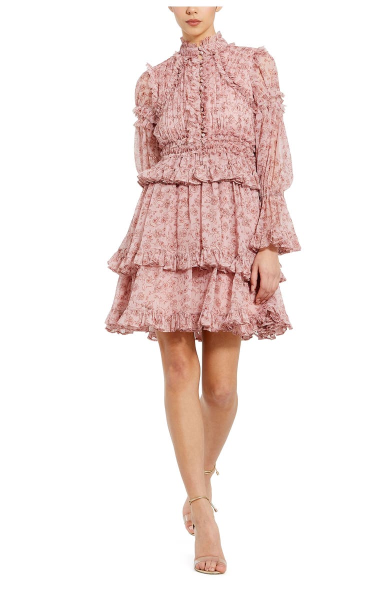 Mac Duggal Long Sleeve Open Front High Neck Ruffle Mini Dress, Main, color, Cinnamon