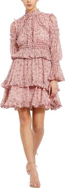 Mac Duggal Long Sleeve Open Front High Neck Ruffle Mini Dress