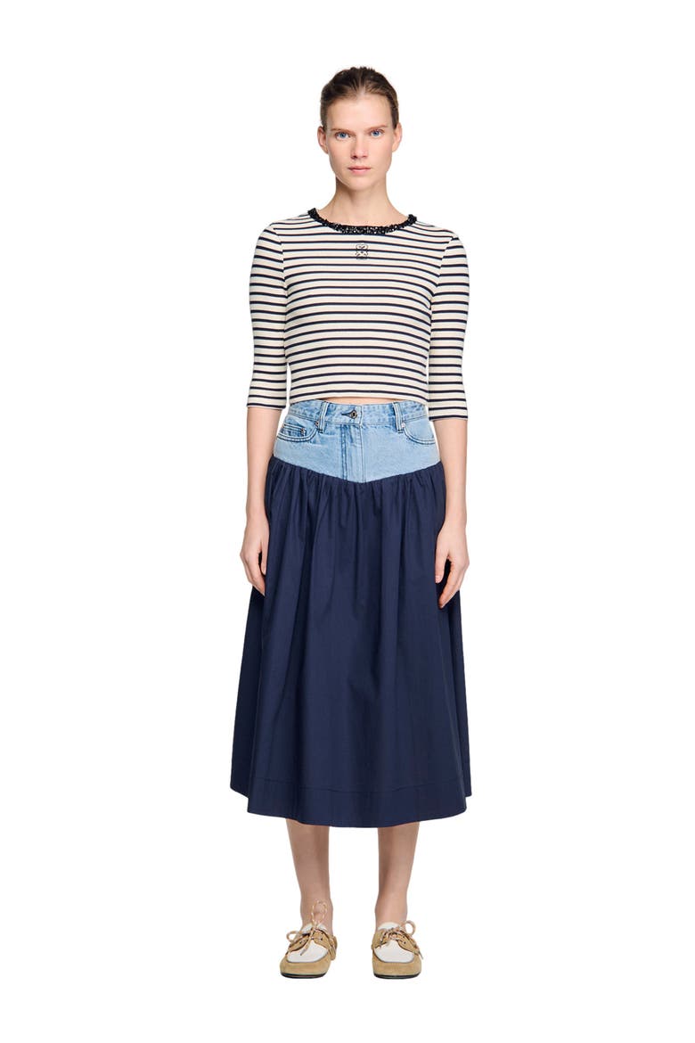 Short striped tee with beaded collar, Main, color, Navy blue