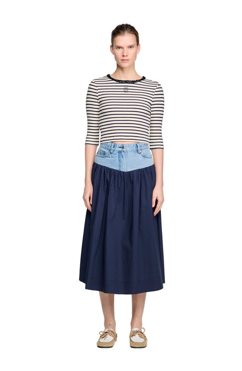 SANDRO Short striped tee with beaded collar, Main, color, Navy Blue