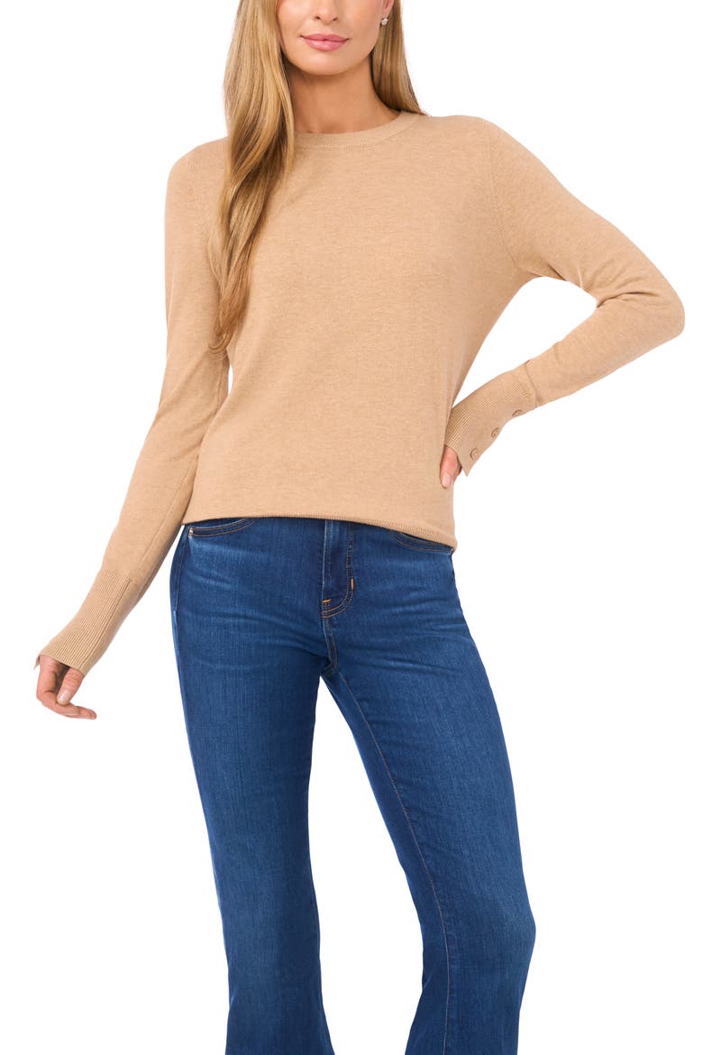 Button Cuff Crewneck Sweater, Main, color, LATTE HEATHER