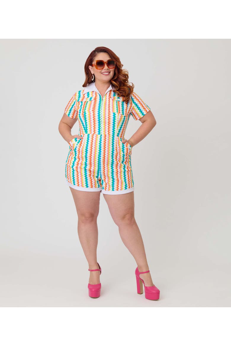 Plus Size 1960s Mia Romper, Alternate, color, Yellow w/ Colored Stripe