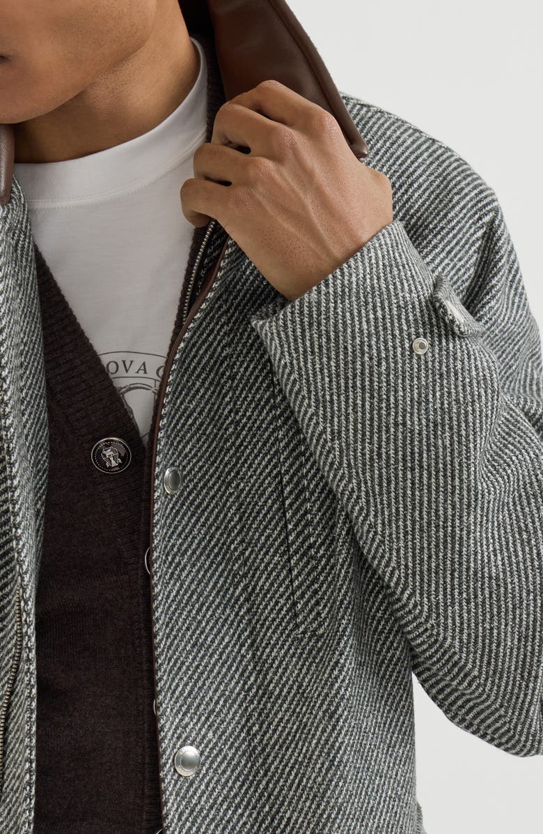 Brunello Cucinelli Cashmere and silk diagonal field jacket with nappa leather inserts, Alternate, color, Medium Grey