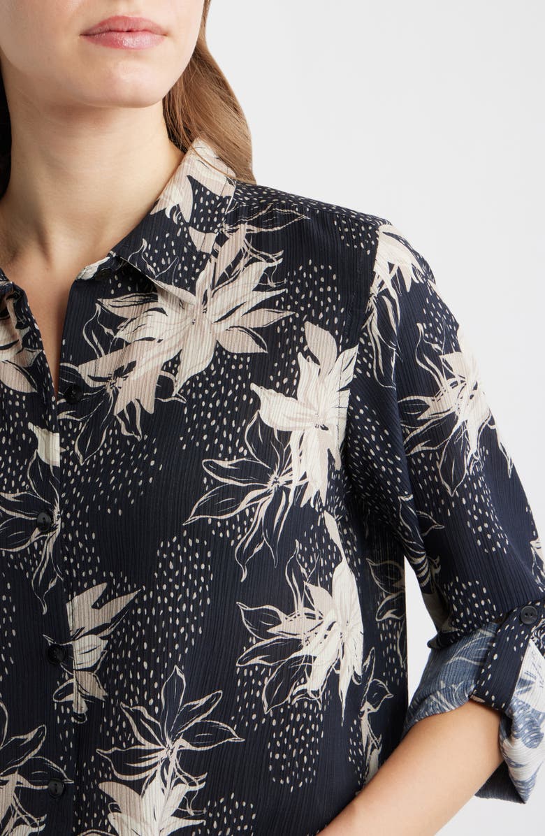 APNY Print Roll Tab Sleeve Chiffon Button-Up Shirt, Alternate, color, Black Mult