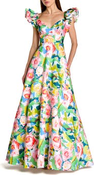 Mac Duggal Printed Mikado Ruffle Sleeve V Neck Ballgown