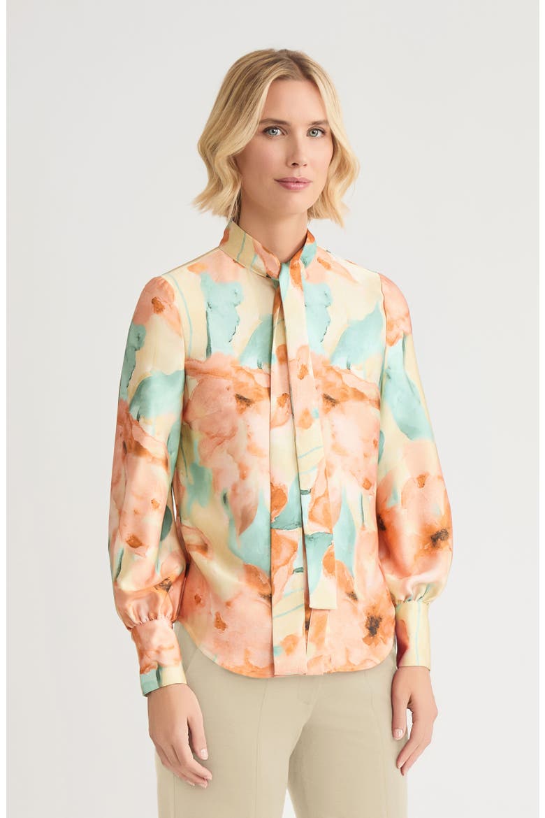 Floral Printed Crepe de Chine Blouse, Alternate, color, Sunglow/Mystic Green