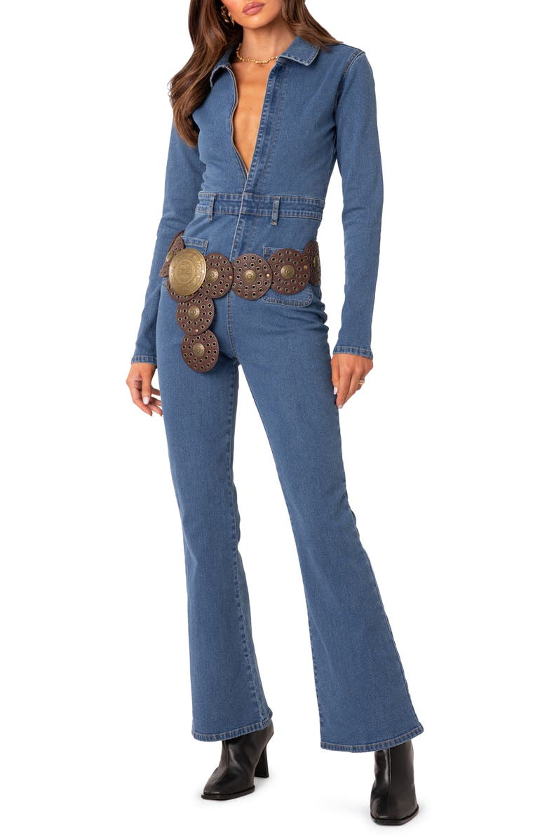 EDIKTED Zip Front Long Sleeve Flare Leg Denim Jumpsuit, Main, color,