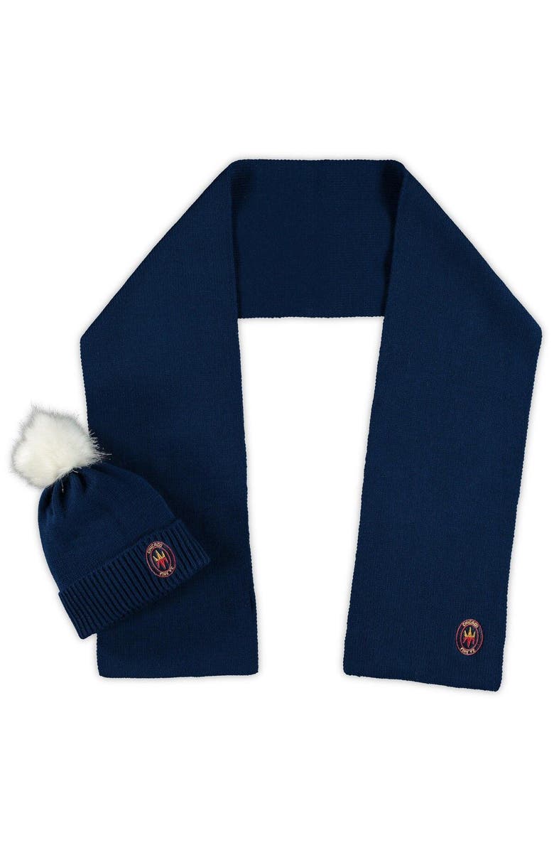 ZOOZATZ Women's ZooZatz Chicago Fire Fuzzy Cuffed Pom Knit Hat and Scarf Set, Main, color, 
