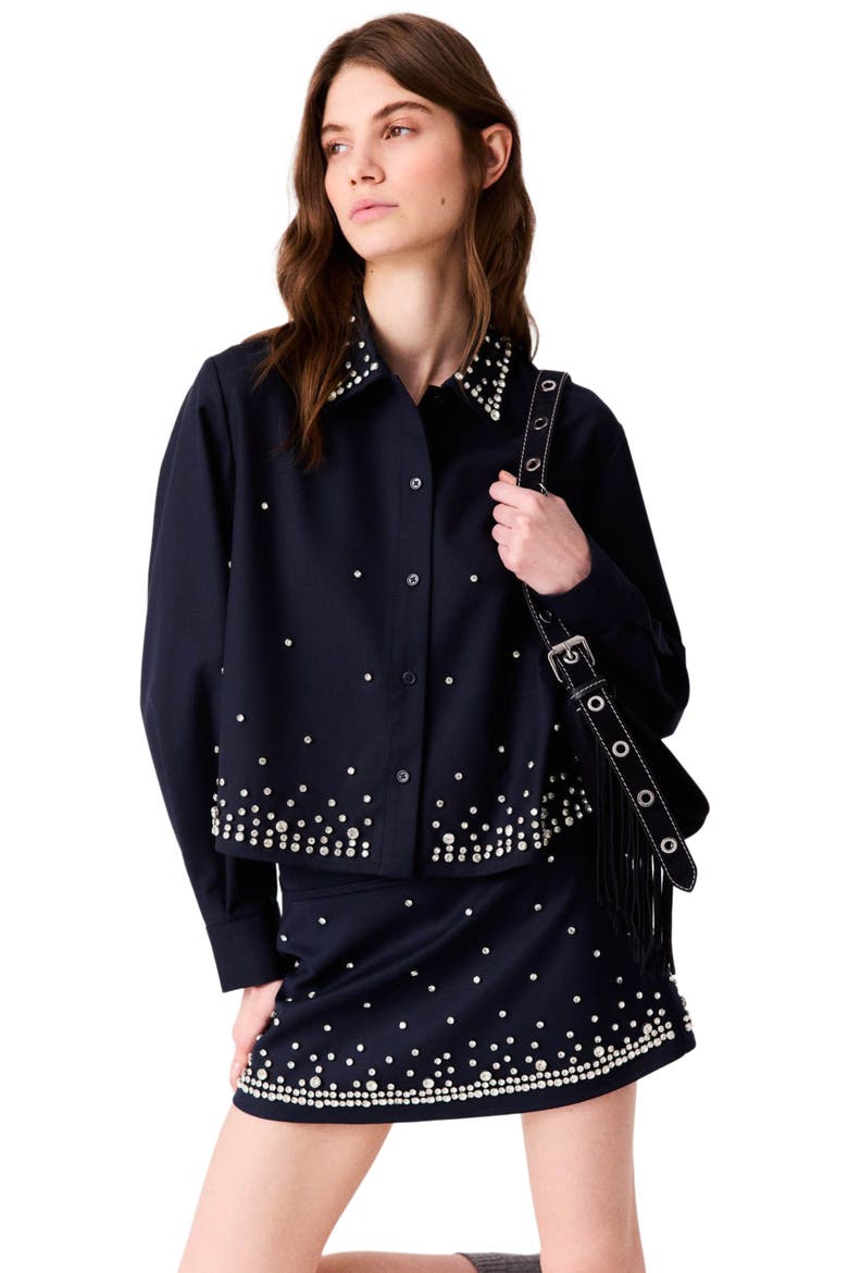Short Rhinestone Embroidered Shirt, Alternate, color, Navy