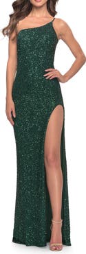 La Femme Elegant Soft Sequin One Shoulder Long Dress in Jewel Tones