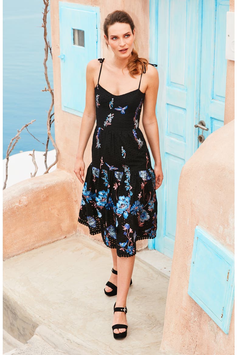Abbie Floral Embroidered Eyelet Sundress, Alternate, color, BLACK/ PINK FLORAL