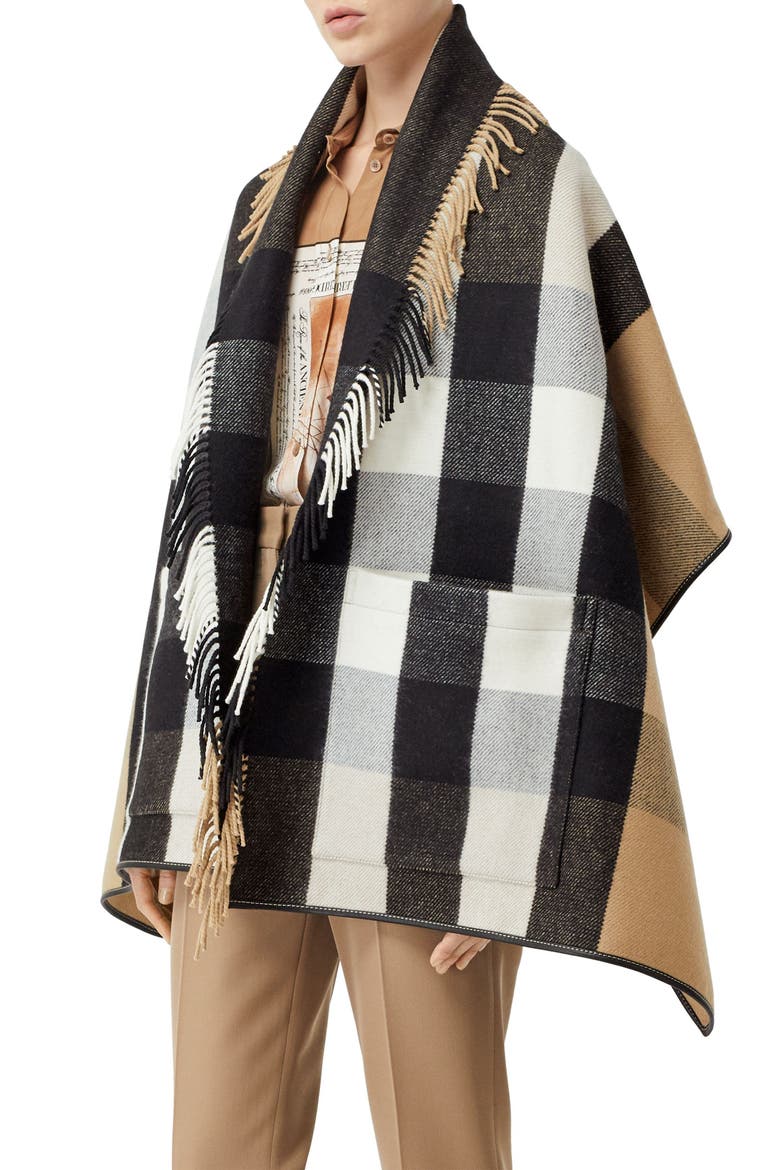 Check Fringe Wool & Cashmere Cape, Main, color, ARCHIVE BEIGE