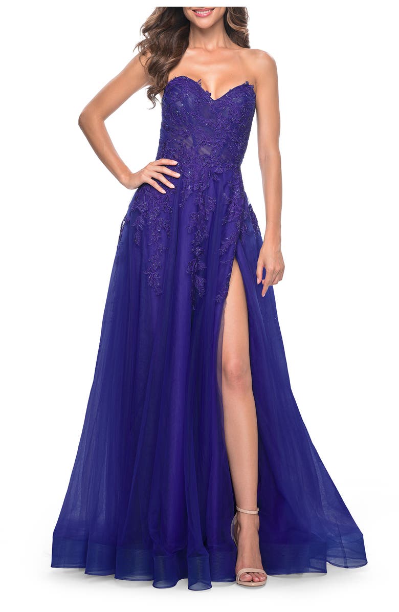La Femme Sweetheart Tulle Strapless Gown with Lace Applique, Main, color, Indigo