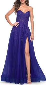 La Femme Sweetheart Tulle Strapless Gown with Lace Applique