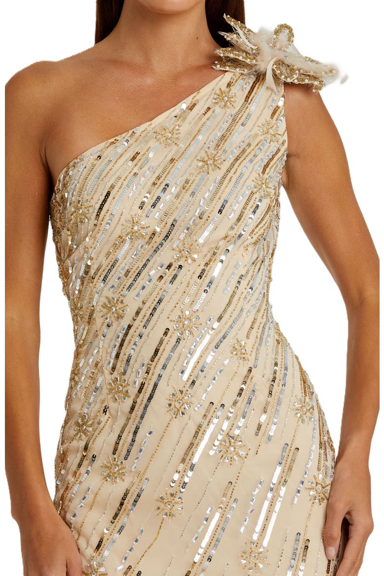 Embellished Floral Detail One Shoulder Gown, Alternate, color, Nude Gold