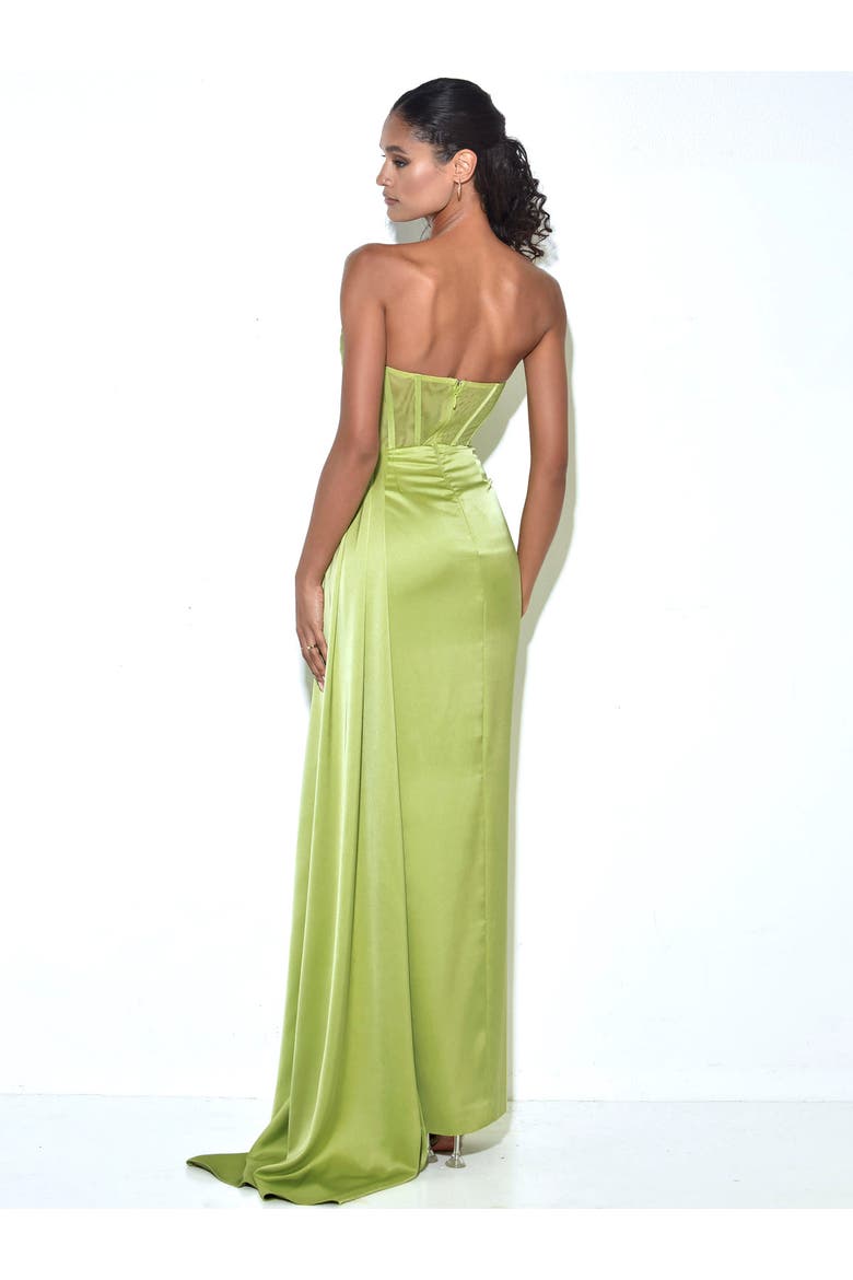 Prisa High Slit Drapping Corset Satin Gown, Alternate, color, Lime