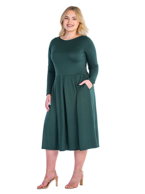 24seven Comfort Apparel Long Sleeve Fit And Flare Midi Dress In Green