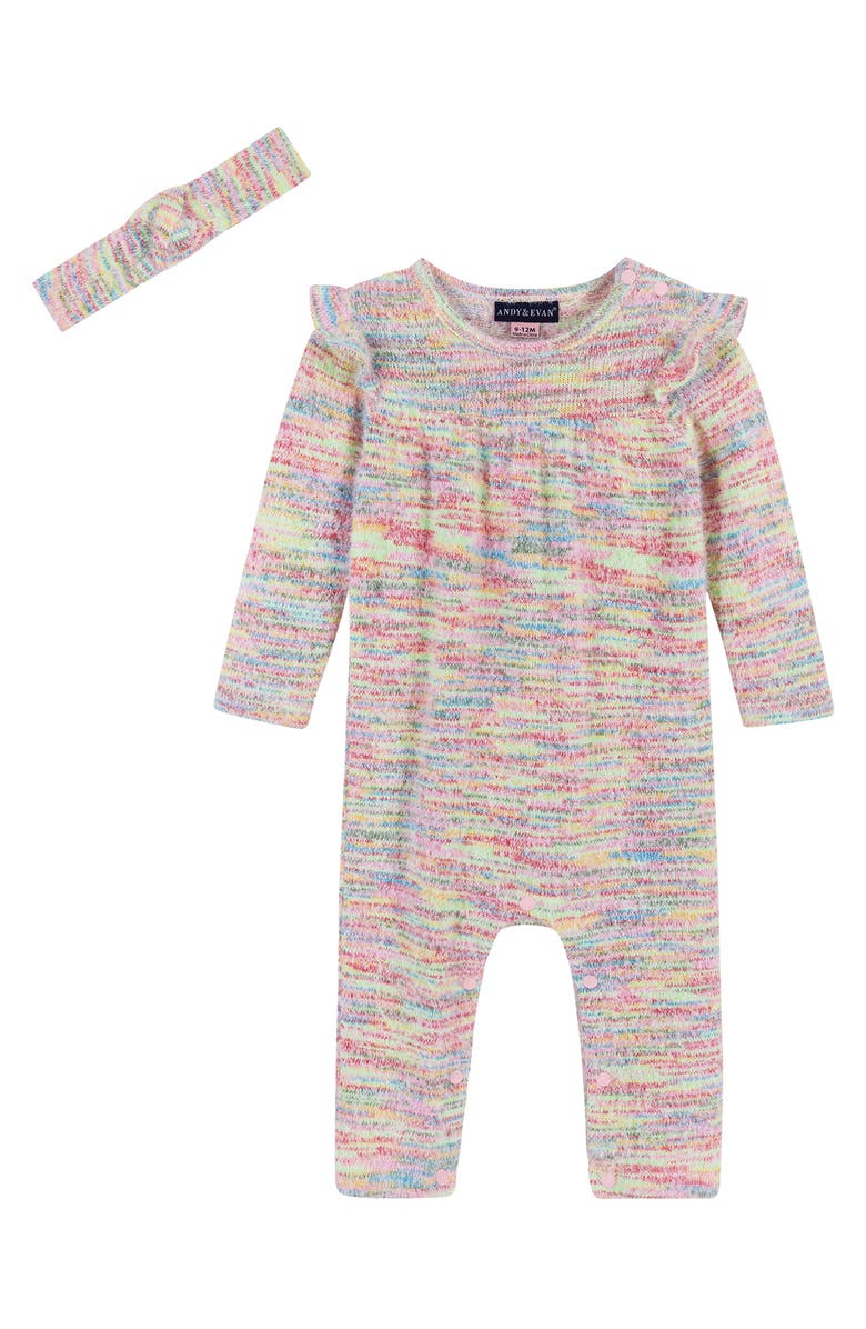 Andy & Evan Ruffle Space Dye Romper & Headband Set, Main, color, 