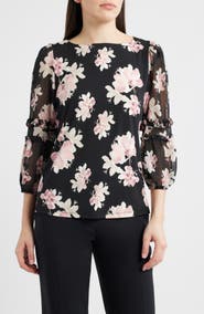 Anne Klein Ruffle Floral Puff Sleeve Top