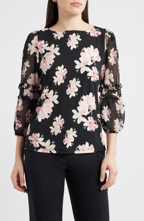 Anne Klein Ruffle Floral Puff Sleeve Top (Regular & Petite)