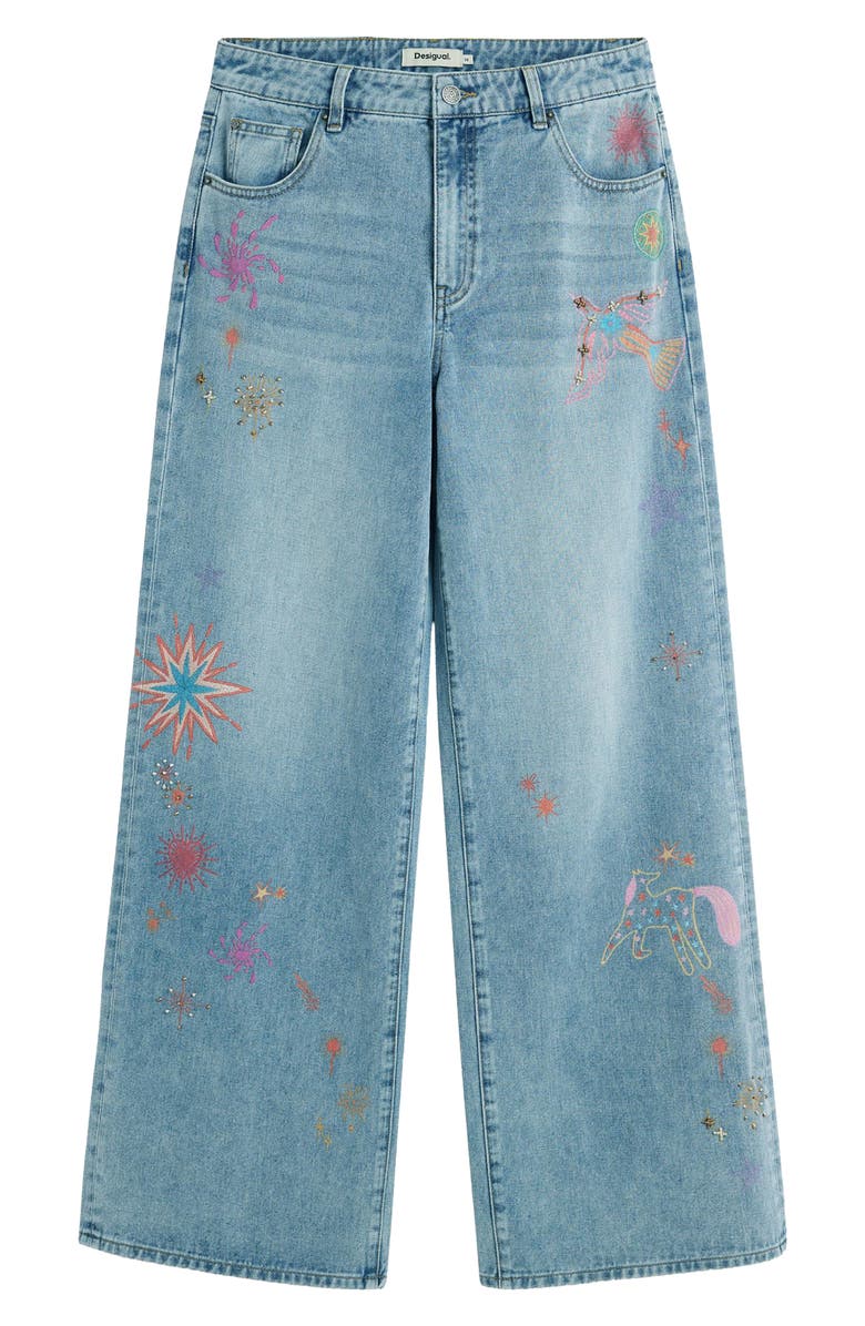Desigual Beaded Wide Leg Jeans, Alternate, color, Light Blue
