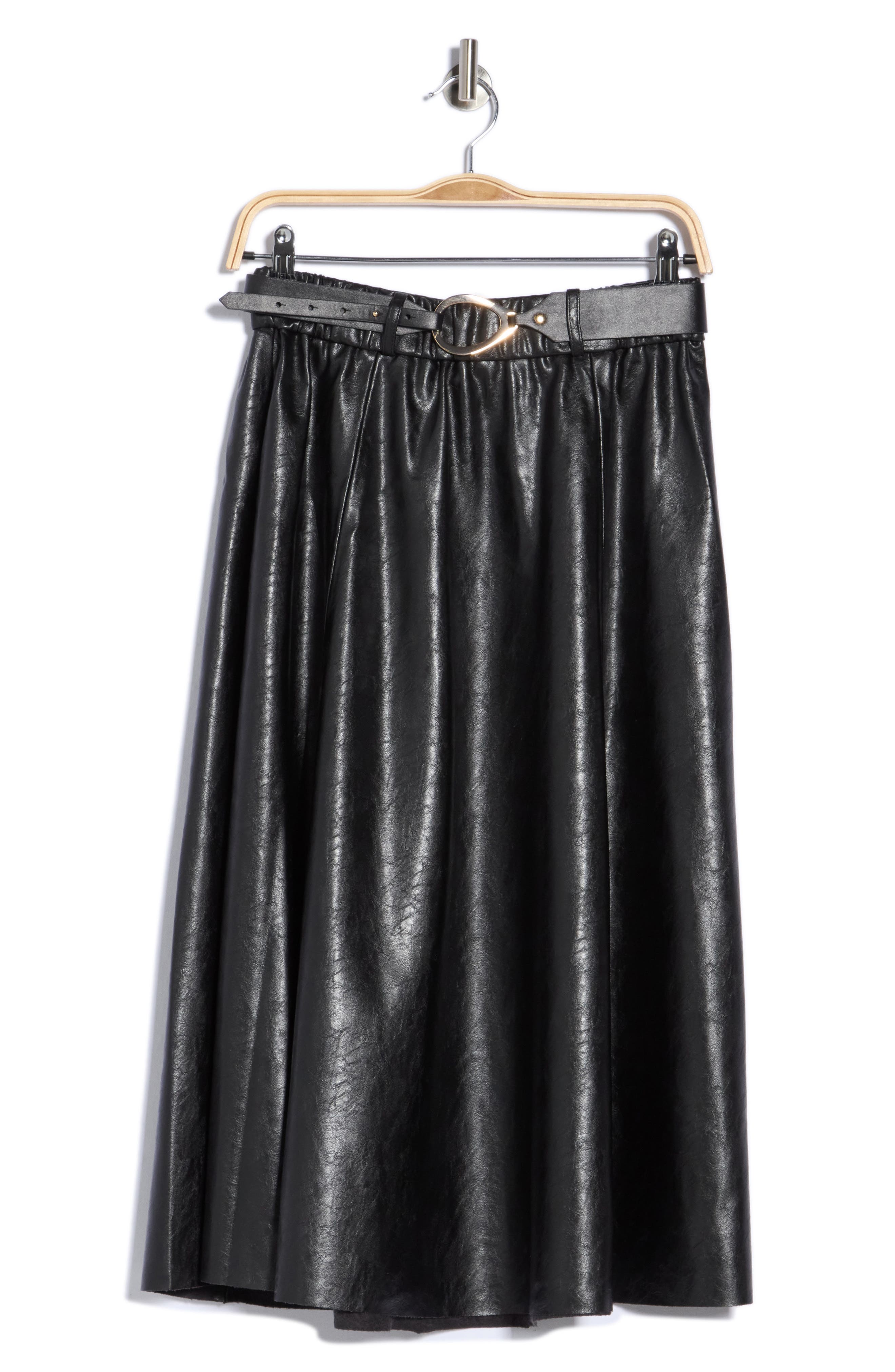 Belted Faux Leather Midi Skirt