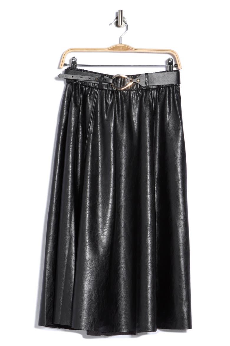 Belted Faux Leather Midi Skirt, Main, color, BLACK
