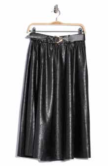 Belted Faux Leather Midi Skirt
