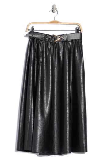 Belted Faux Leather Midi Skirt