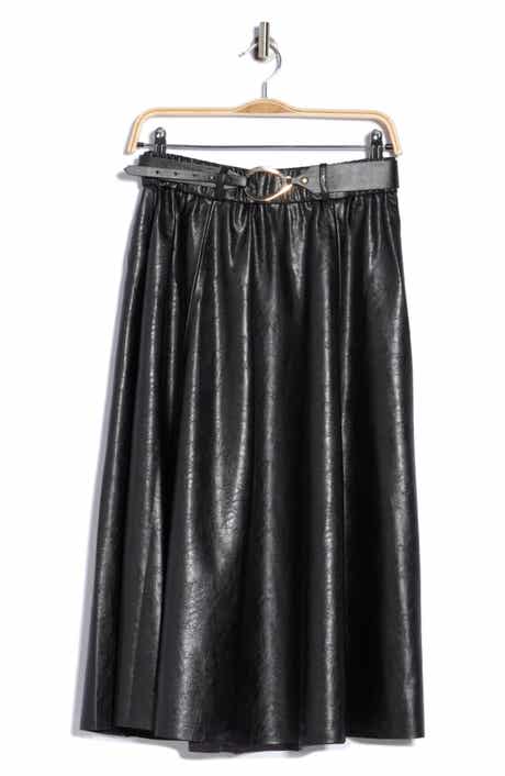Belted Faux Leather Midi Skirt