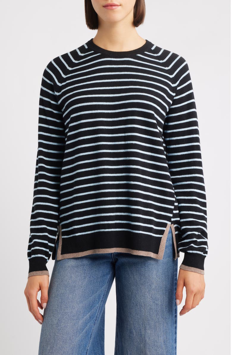 Hatley Stripe Raglan Sleeve Cotton & Cashmere Sweater, Main, color, Black
