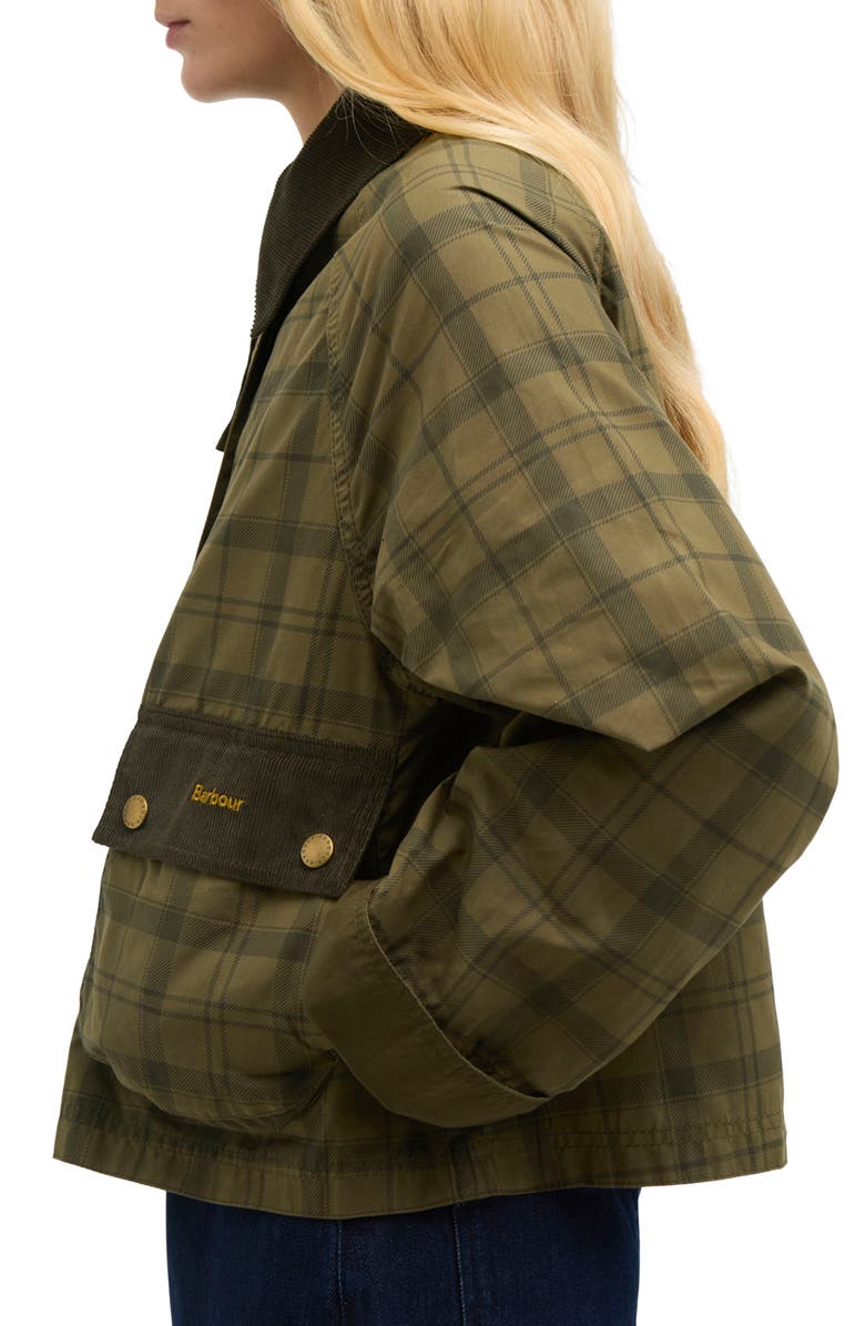 Barbour Beadnell Tartan Waxed Cotton Crop Jacket, Alternate, color, Dusky Green Tartan/ Highland