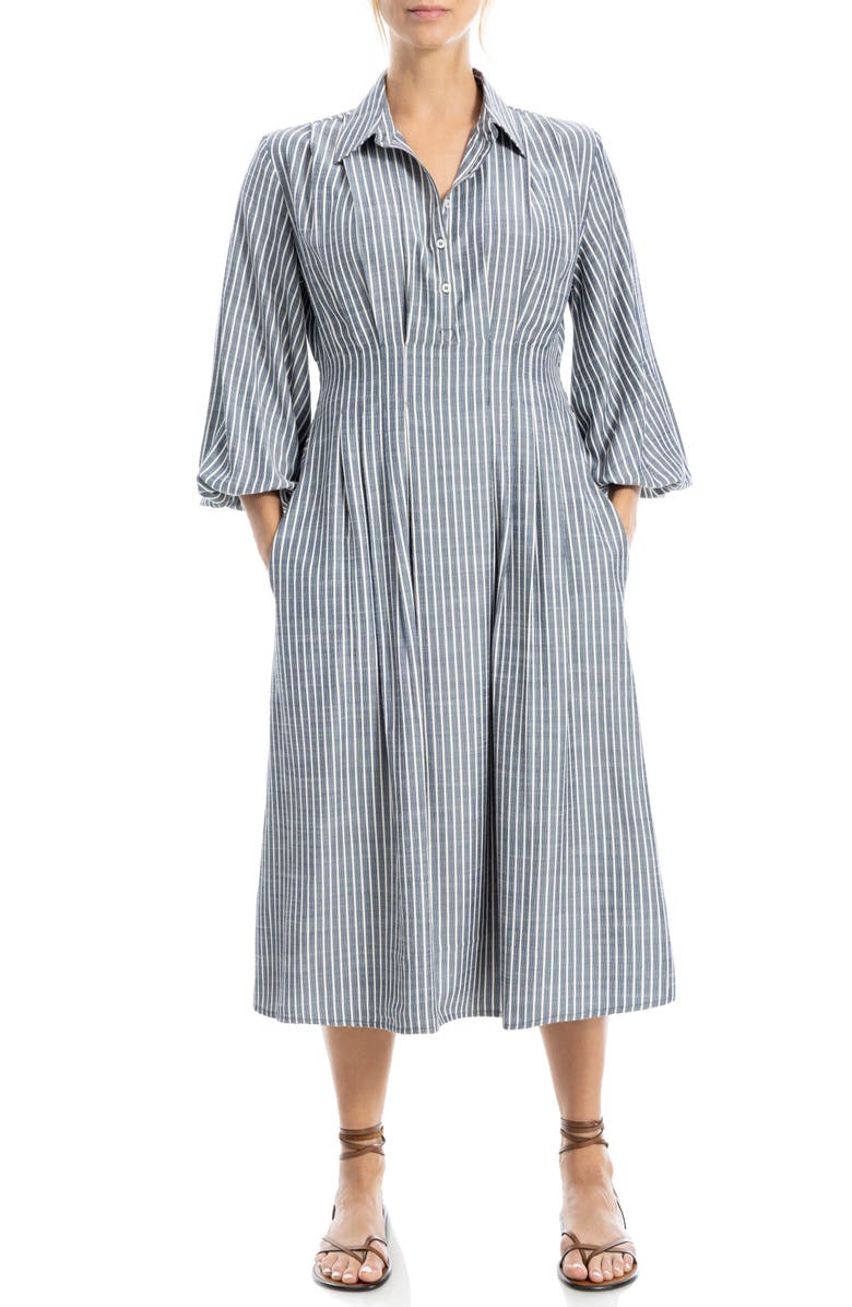 MAX STUDIO Stripe Balloon Sleeve Shirtdress, Main, color, Indigo/ Ivory Stripe