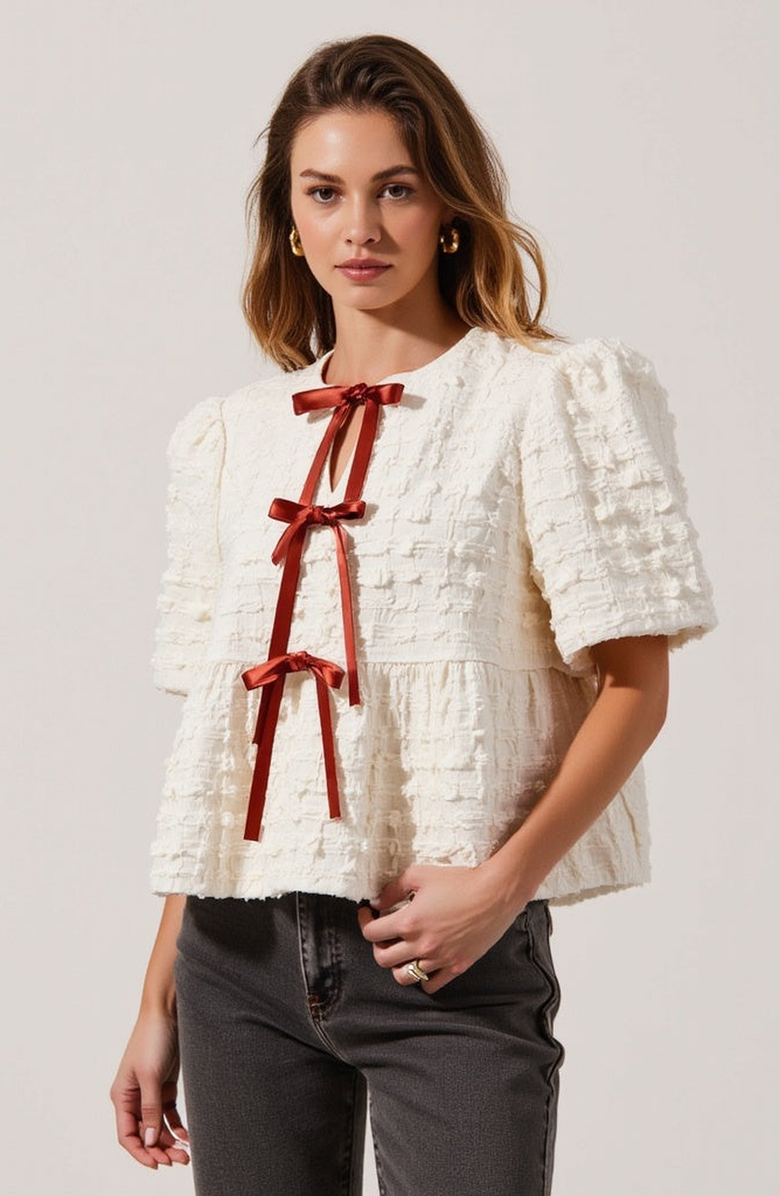 Modenaire Textured Puff-Sleeve Peplum Blouse with Bow-Tie Front, Alternate, color,