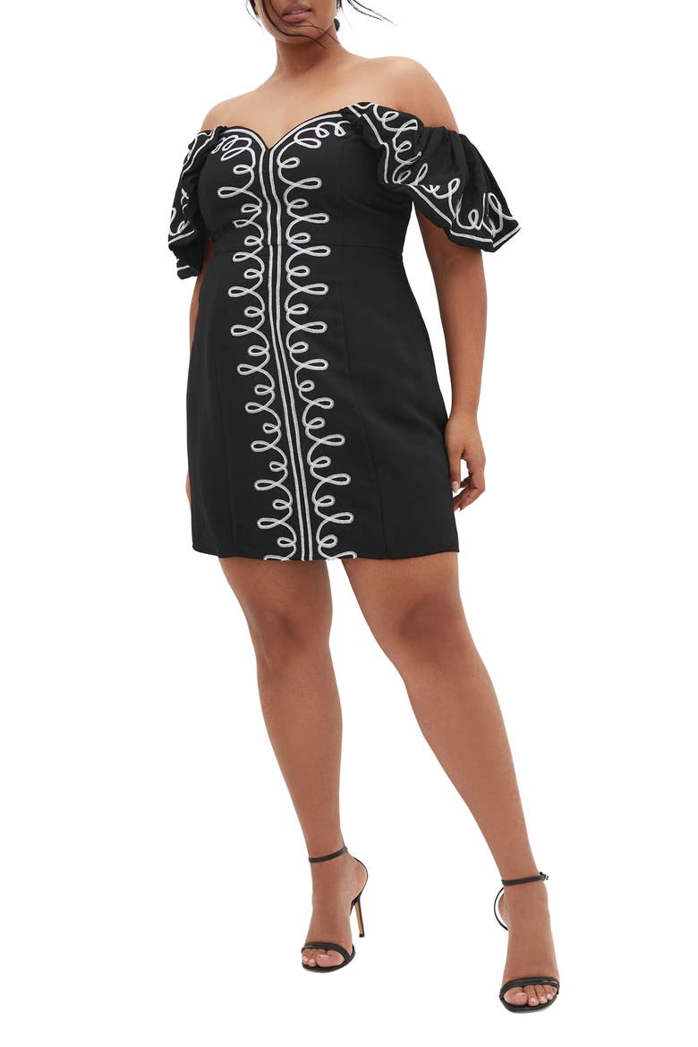 Hana Embroidered Off the Shoulder Minidress, Main, color, BLACK