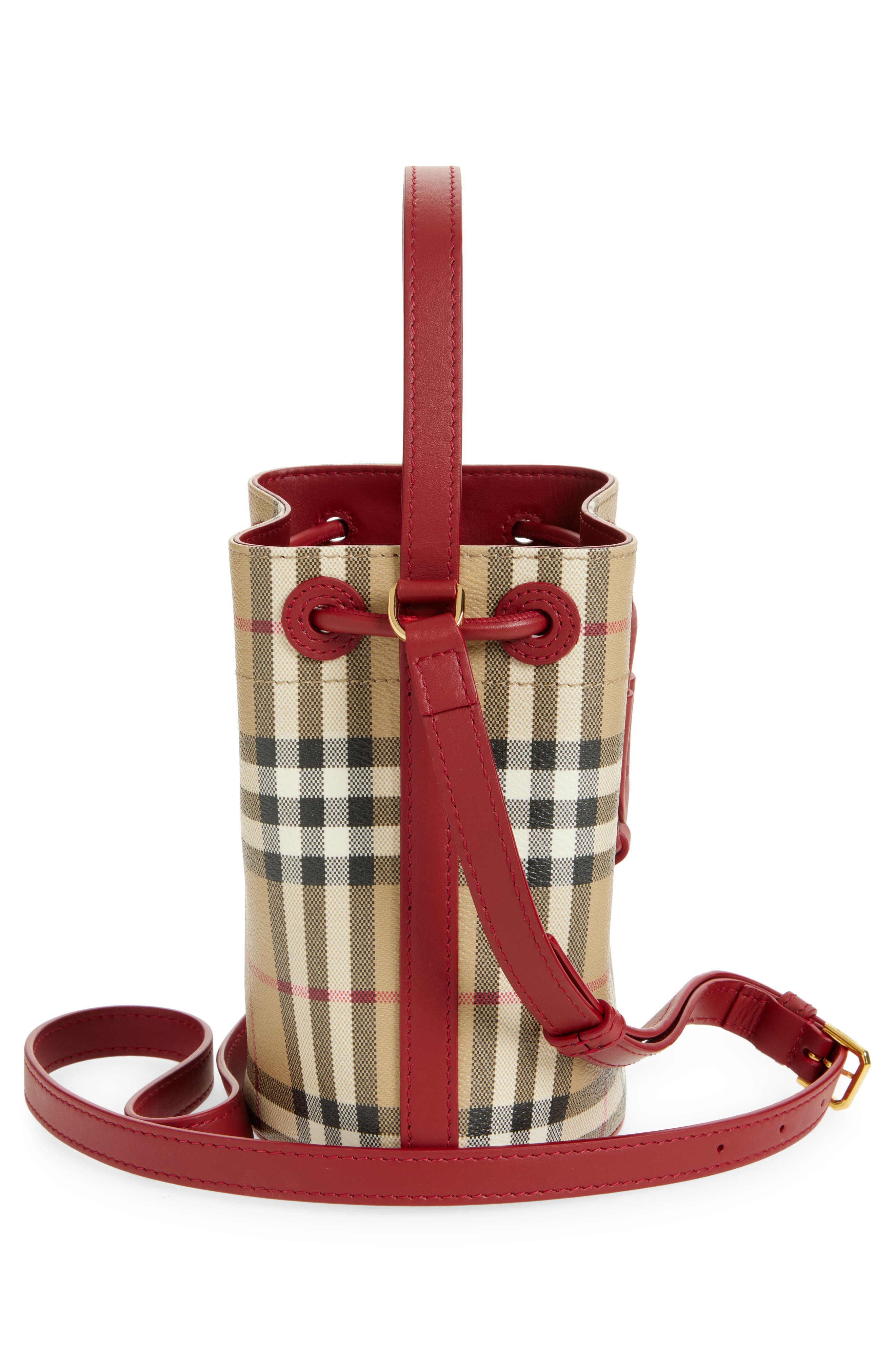 Burberry Mini Check Bucket Bag, Alternate, color, Archive Beige /Ruby Red
