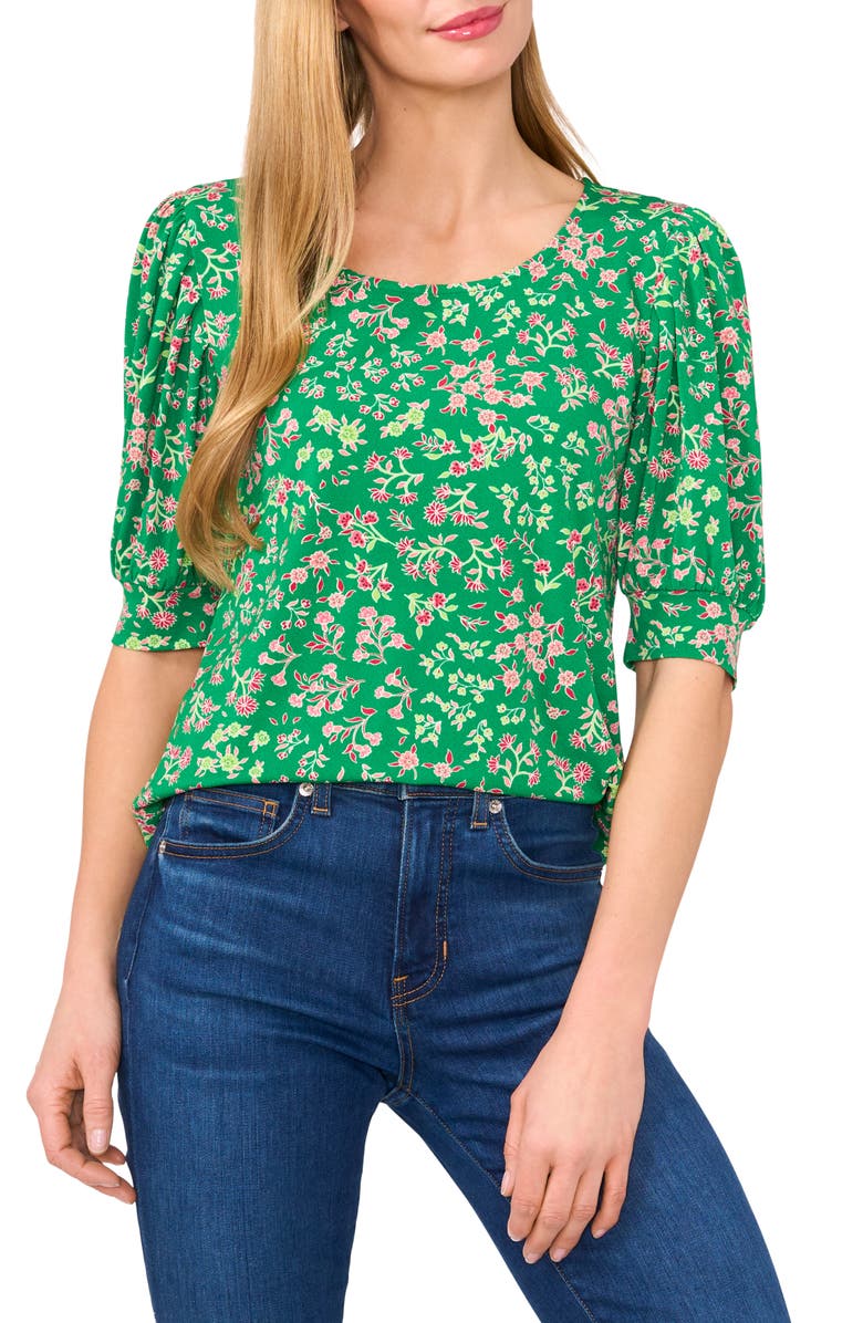 CeCe Floral Print Puff Sleeve Top, Main, color, Medium Green