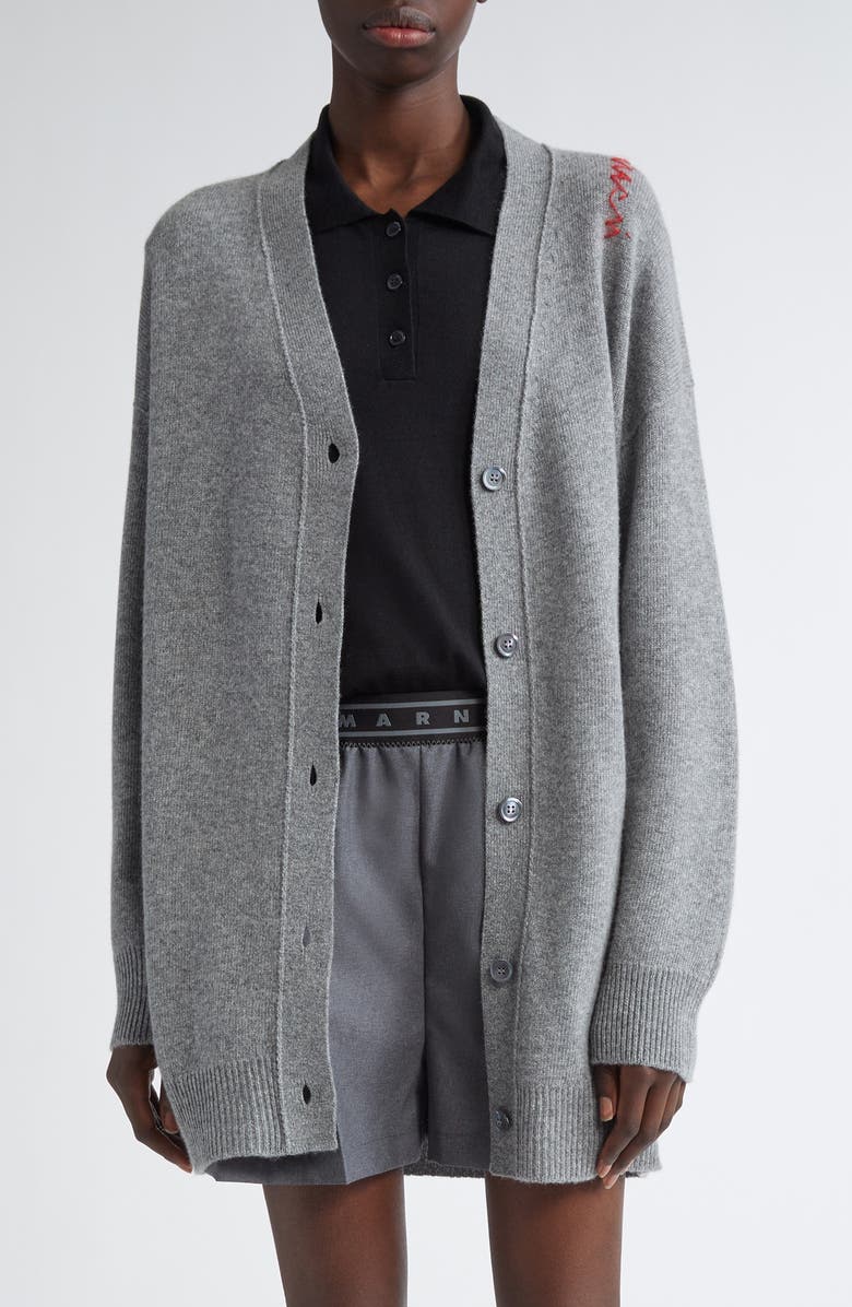 Marni Embroidered Logo Oversize Virgin Wool & Cashmere Cardigan, Main, color, 